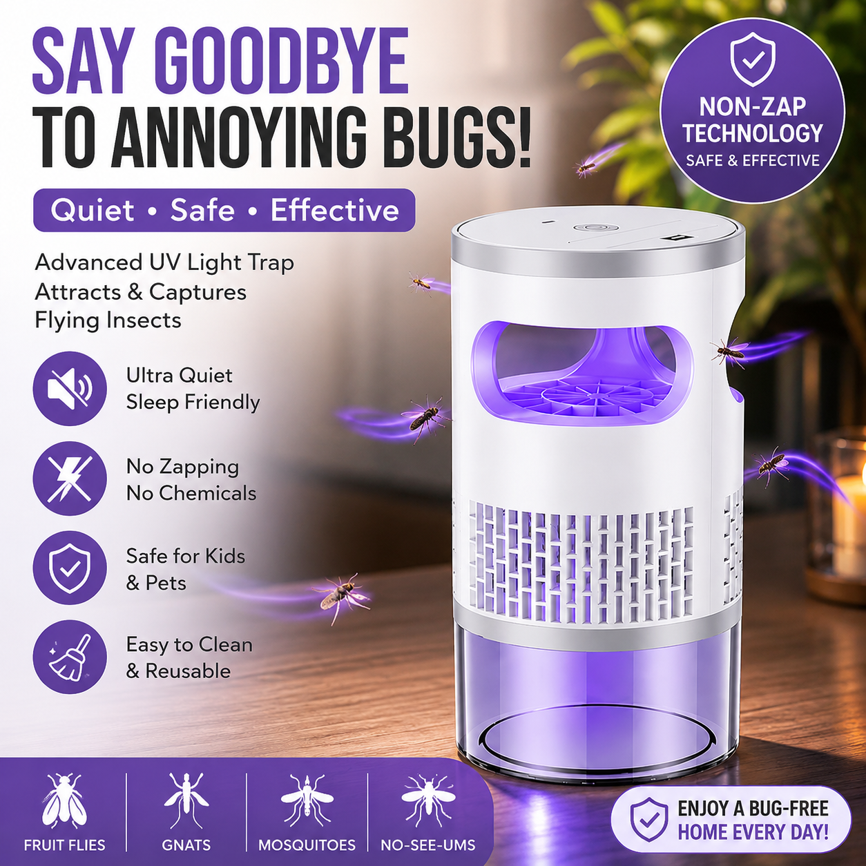 🦟Indoor Flying Insect Trap 🏡Quiet UV Mosquito & Gnat Catcher-