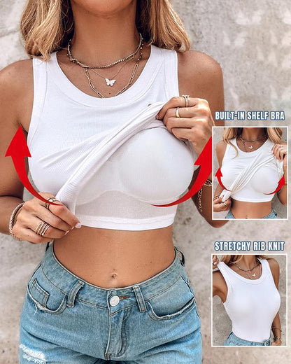 📢🔥 Round Neck Built-in Bra Ribbed Tank Top Fit Casual Comfortable💥