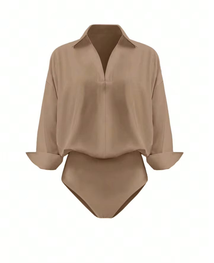 Women's Shirt Bodysuits Tummy Control Long Sleeve Collared Blouse Tops