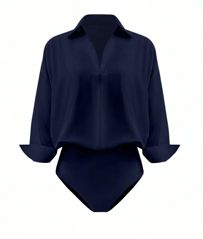 Women's Shirt Bodysuits Tummy Control Long Sleeve Collared Blouse Tops