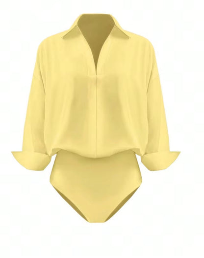Women's Shirt Bodysuits Tummy Control Long Sleeve Collared Blouse Tops