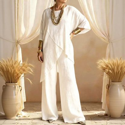 💎 55% OFF! 💎 Women's Two-Piece Loose Fit Outfit – Asymmetrical Top + Wide-Leg Pants, Lightweight & Wrinkle-Resistant 🌸🌿