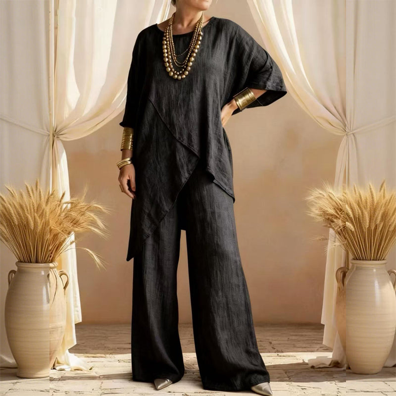 💎 55% OFF! 💎 Women's Two-Piece Loose Fit Outfit – Asymmetrical Top + Wide-Leg Pants, Lightweight & Wrinkle-Resistant 🌸🌿